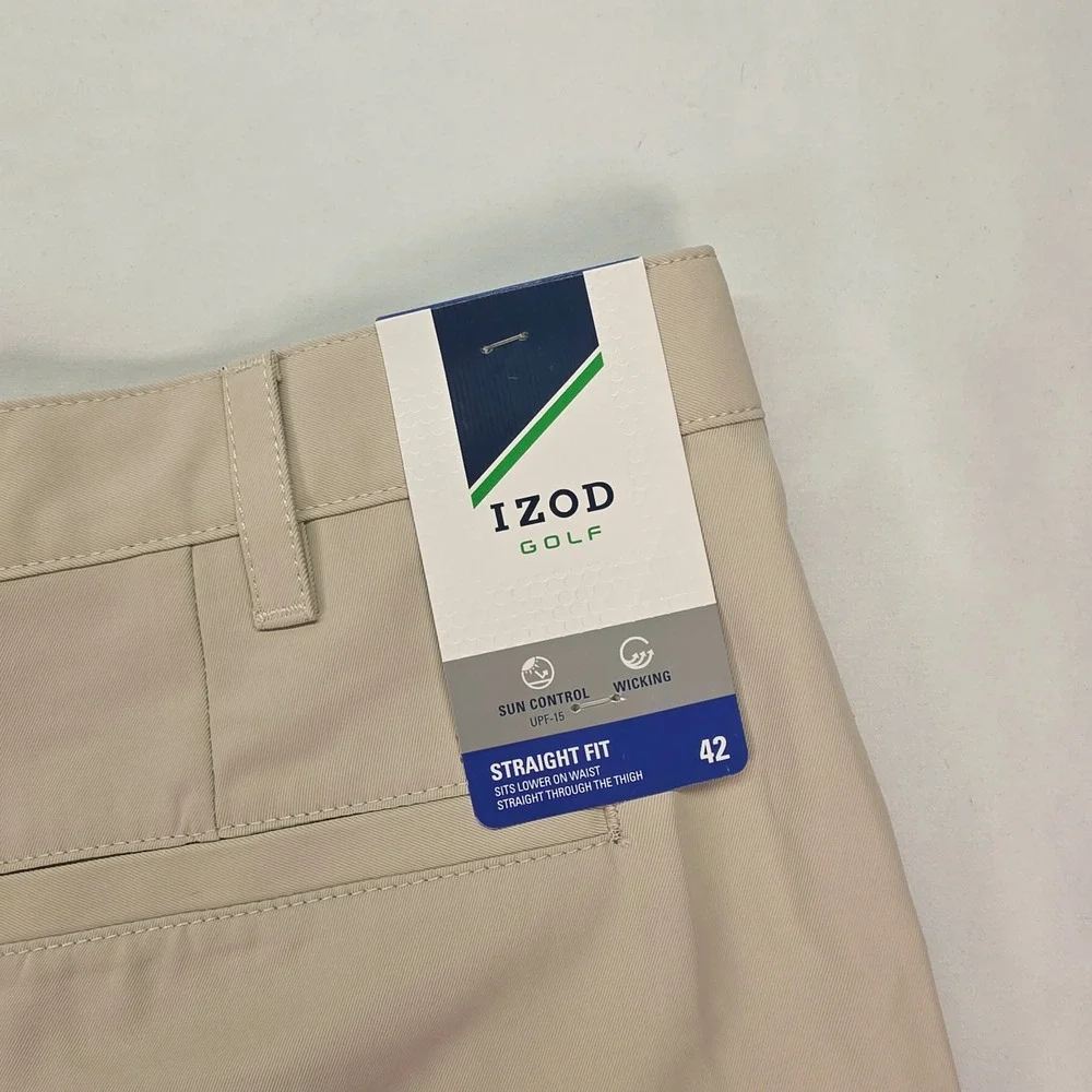 New IZOD Golf Mens Shorts 42‎ Stonedust Tan Straight Fit Wicking UPF 15